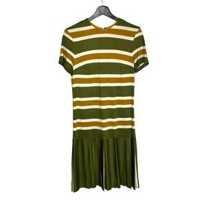 Vintage 60s Eddie Nober Green Short Sleeve Stripe Drop Waist Pleated Dress Small